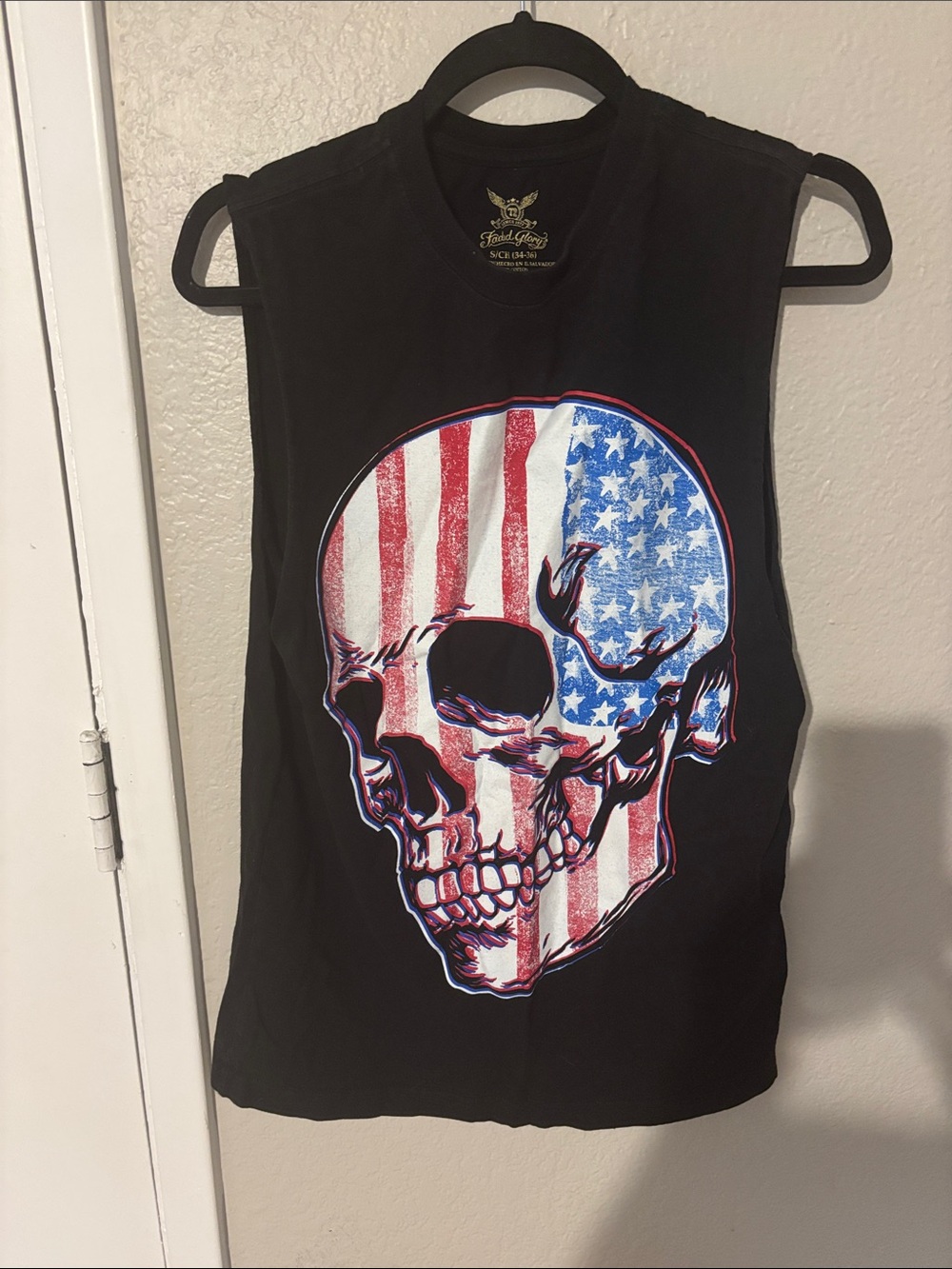 Faded Glory Black Sleeveless Tee with Red, White & Blue Graphic